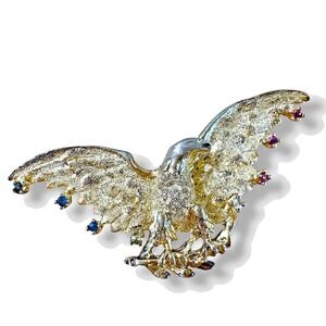 LES BERNARD Sterling Silver Brooch Patriotic Eagle Pin Red White Blue Gemstones